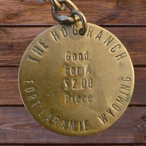 Vintage Brass Hog Ranch Pendant Keychain. Fort Laramie, Wyoming.